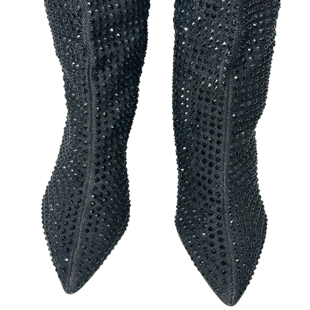 Zara Black Pointed Toe Rhinestone heeled knee high boo Size 39